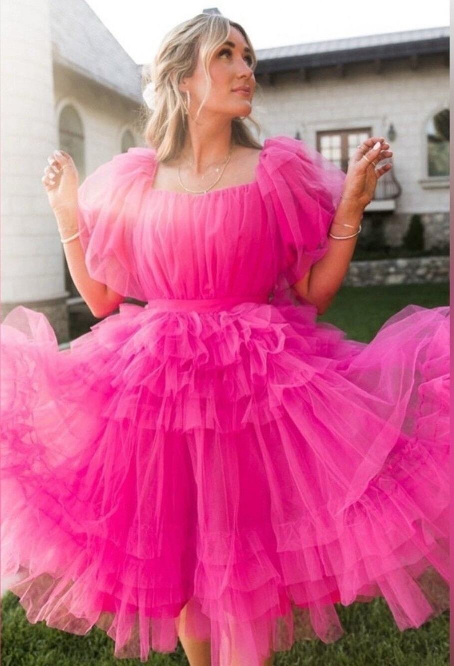 Ivy City Co Pixie Dress Hot Pink Tulle Puff Sleeve Tiered Ruffle Size M